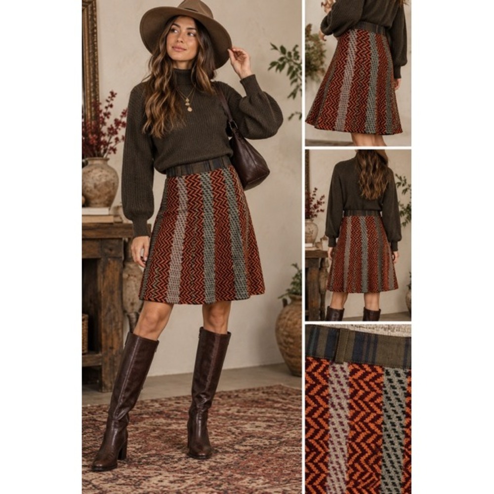 Vintage Etro Milano Chevron Wool Knit A-Line Knee Length Skirt Luxury Boho